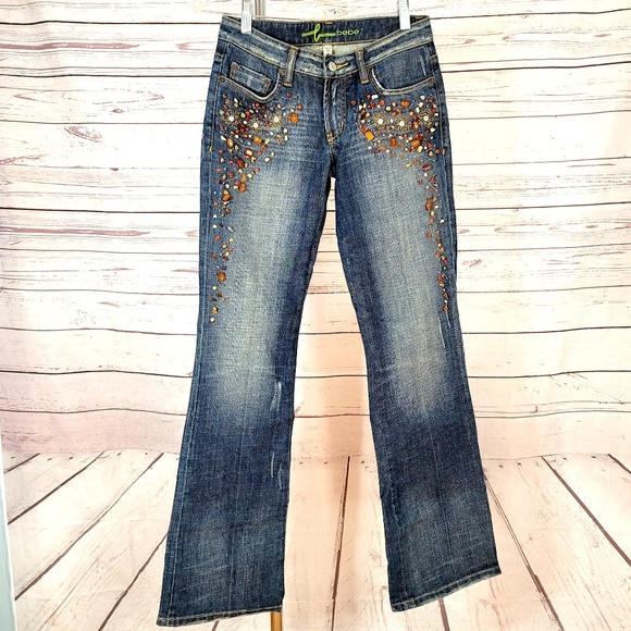 bebe jeans blue Size 26 fade to dark wash embellished tiger eye stones low rise - Picture 2 of 9